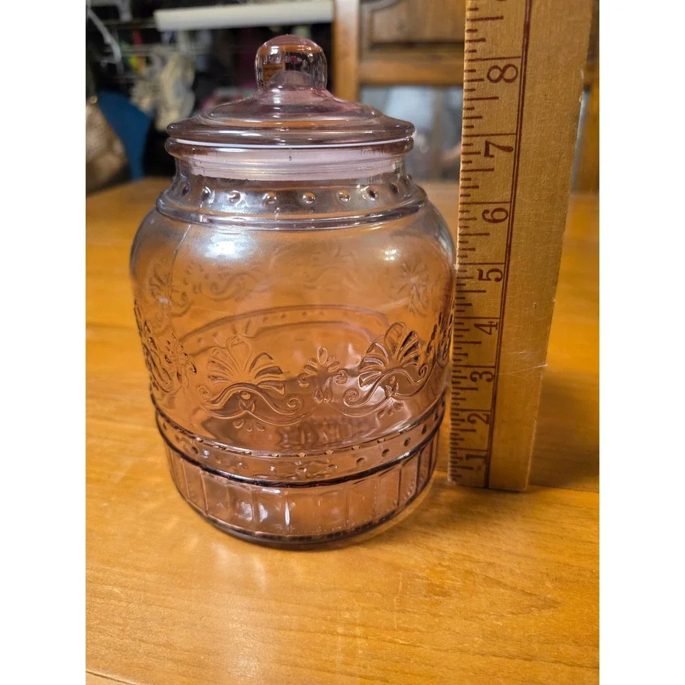 The Pioneer Woman Adeline Purple Glass Canister with Lid 8 inch Embossed Plum